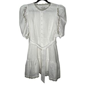 Hale Bob White Daysi Button Up Dress Gold/Silver Trim Puff Sleeves Sz L